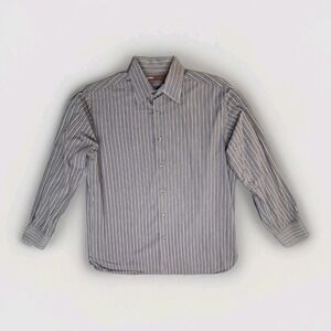 Perry Ellis Mens Grey Striped Long Sleeve Button Down Cotton Shirt Size M